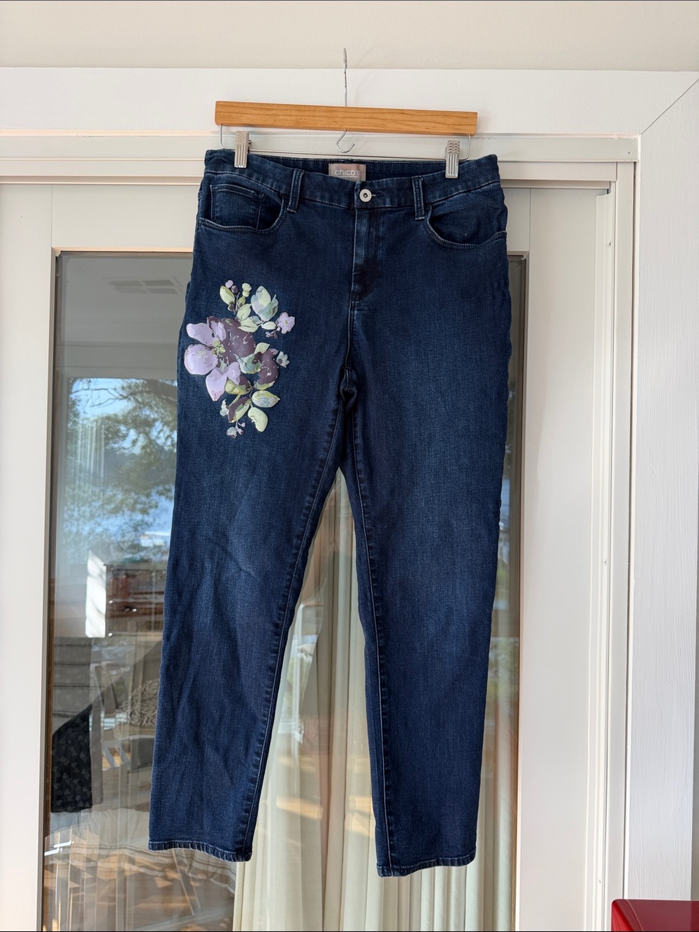 Chico's Dark Blue Skinny Jeans with Floral Print